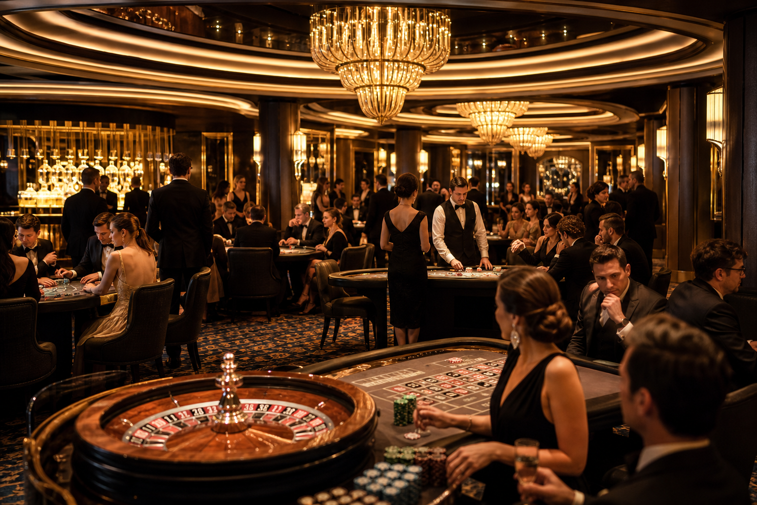 Elegant casino floor with gaming tables, golden chandeliers and refined guests in formal attire