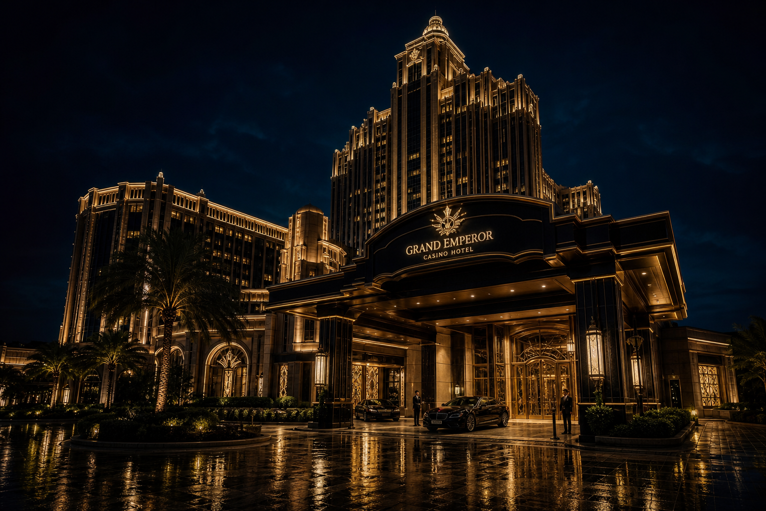 Grand Royale Casino Hotel illuminated at night with a grand art-deco facade and golden lights