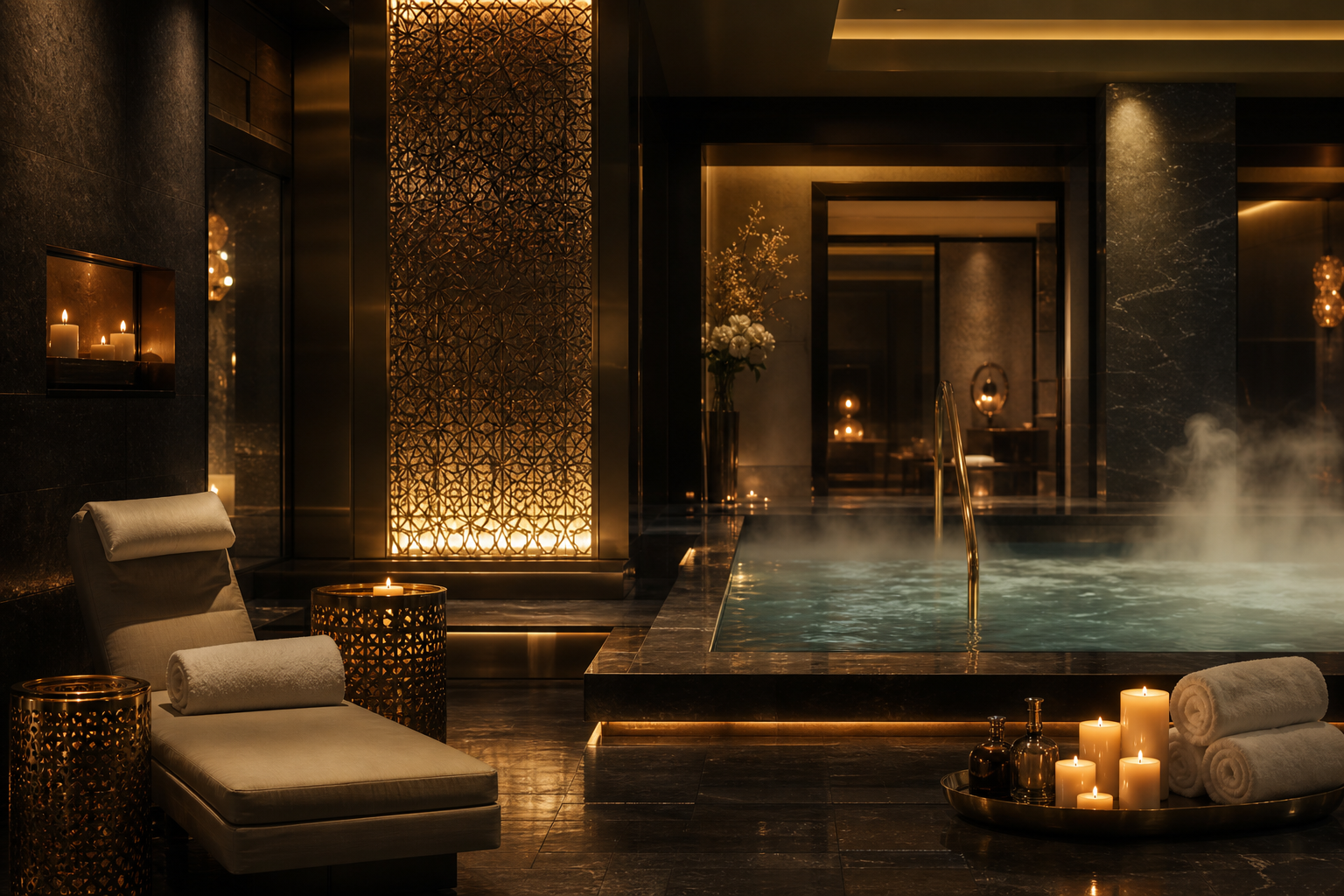 Tranquil hotel spa with a candlelit relaxation pool and soft warm lighting